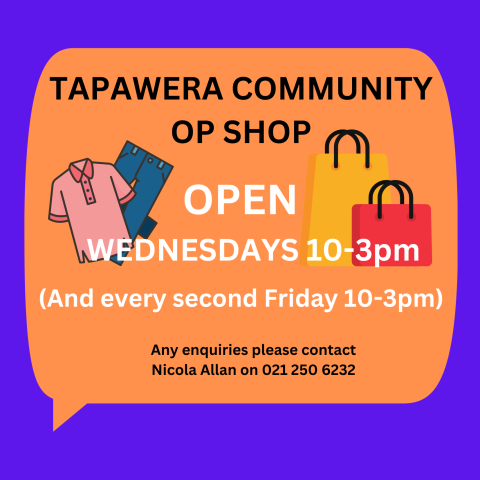 Tapawera Op Shop, open wednesdays 10am-3pm
